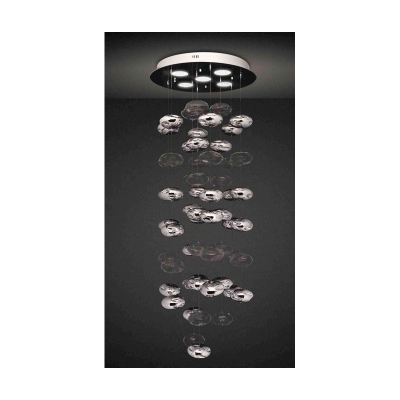 Colgante lluvia globos cristal transparentes y cromados, base cromo ,5 luces AR111