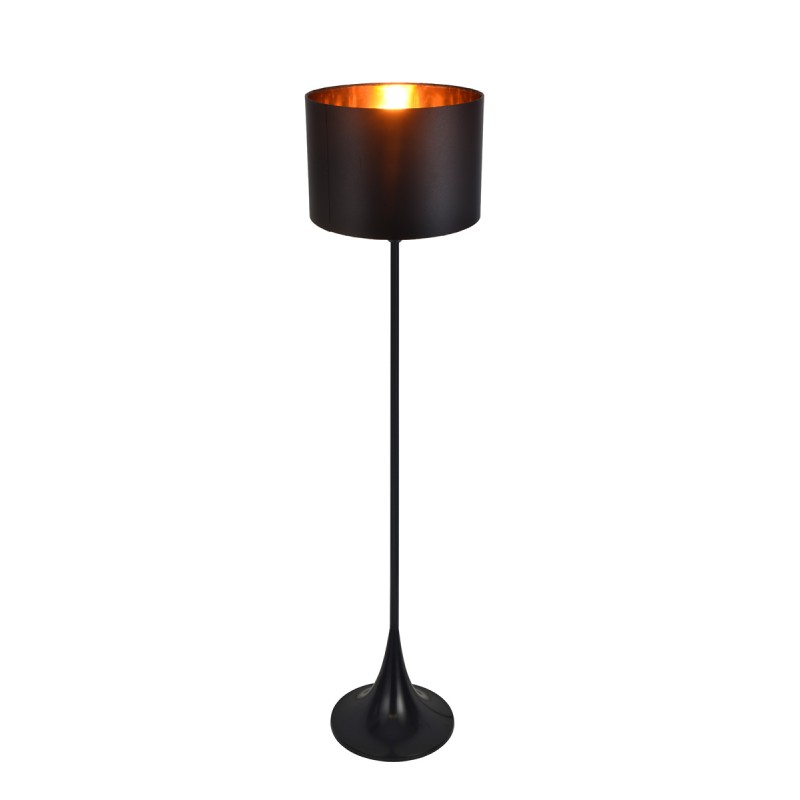 Lámpara de pie, cuerpo en metal negro satinado, pantalla negra con cobre. Para lámpara E27. Apto led.