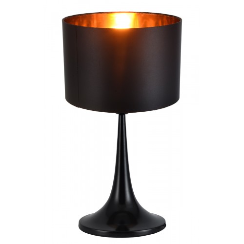Lámpara de mesa, cuerpo en metal acabado negro satinado, pantalla negra con cobre. Para lámpara E27. Apto led.