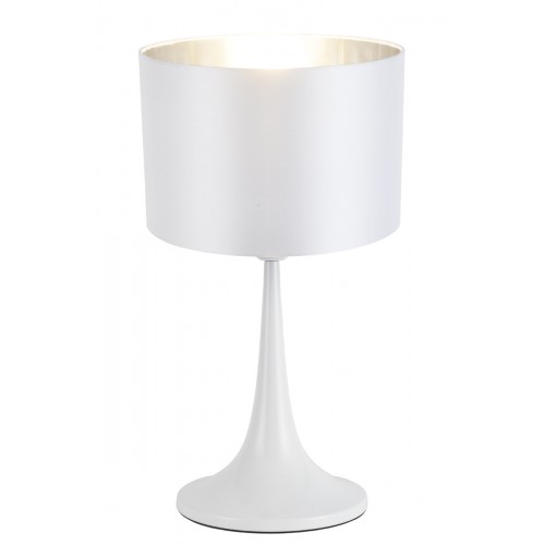 Lámpara de mesa, cuerpo en metal acabado blanco satinado, pantalla blanca con plateado. Para lámpara E27. Apto led.