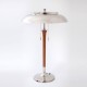 Lámpara mesa Vintage 2 luces, base y plato metálicos en cromo, pie  en madera torneada